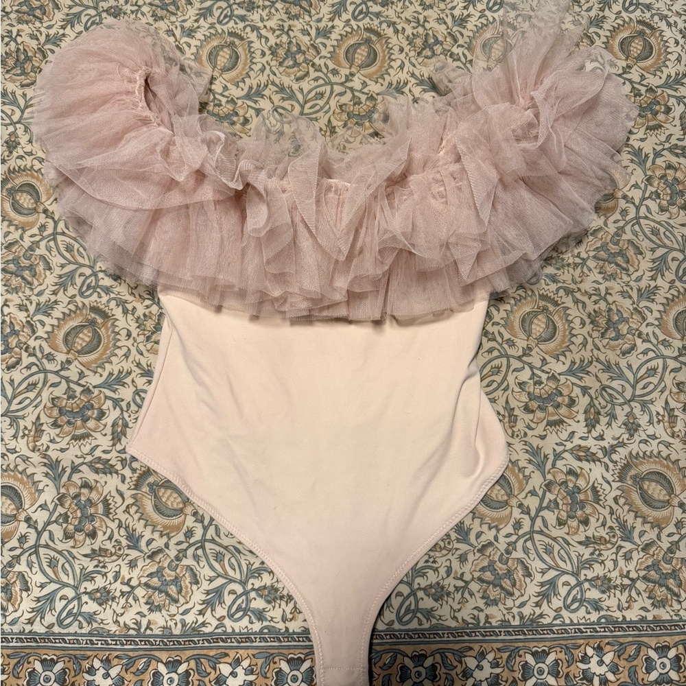 Free People Ruffled Off-Shoulder Bodysuit in Blush - Picture 3 of 6